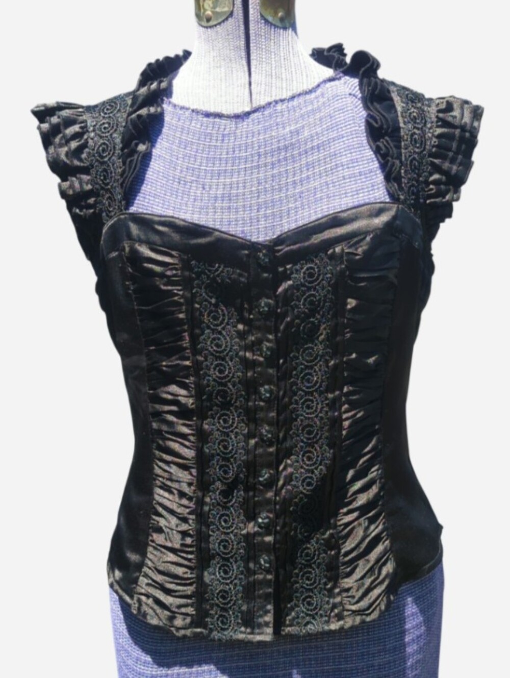 Grass Collection Black Ruffled Lace-Detail Corset Top Sz L